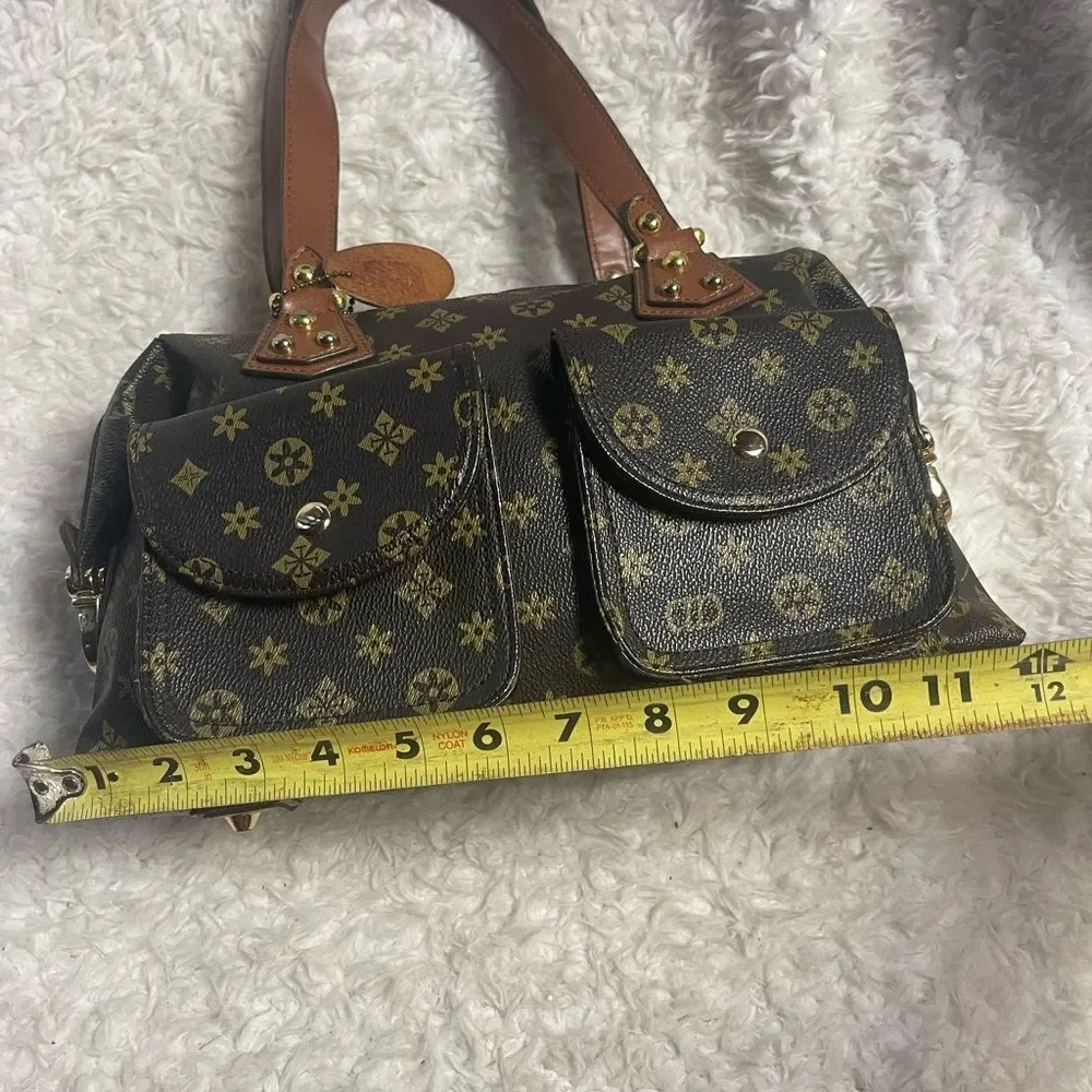 Los Angeles USA synthetic Brown & Gold Patterned Satchel Bag with brown straps
